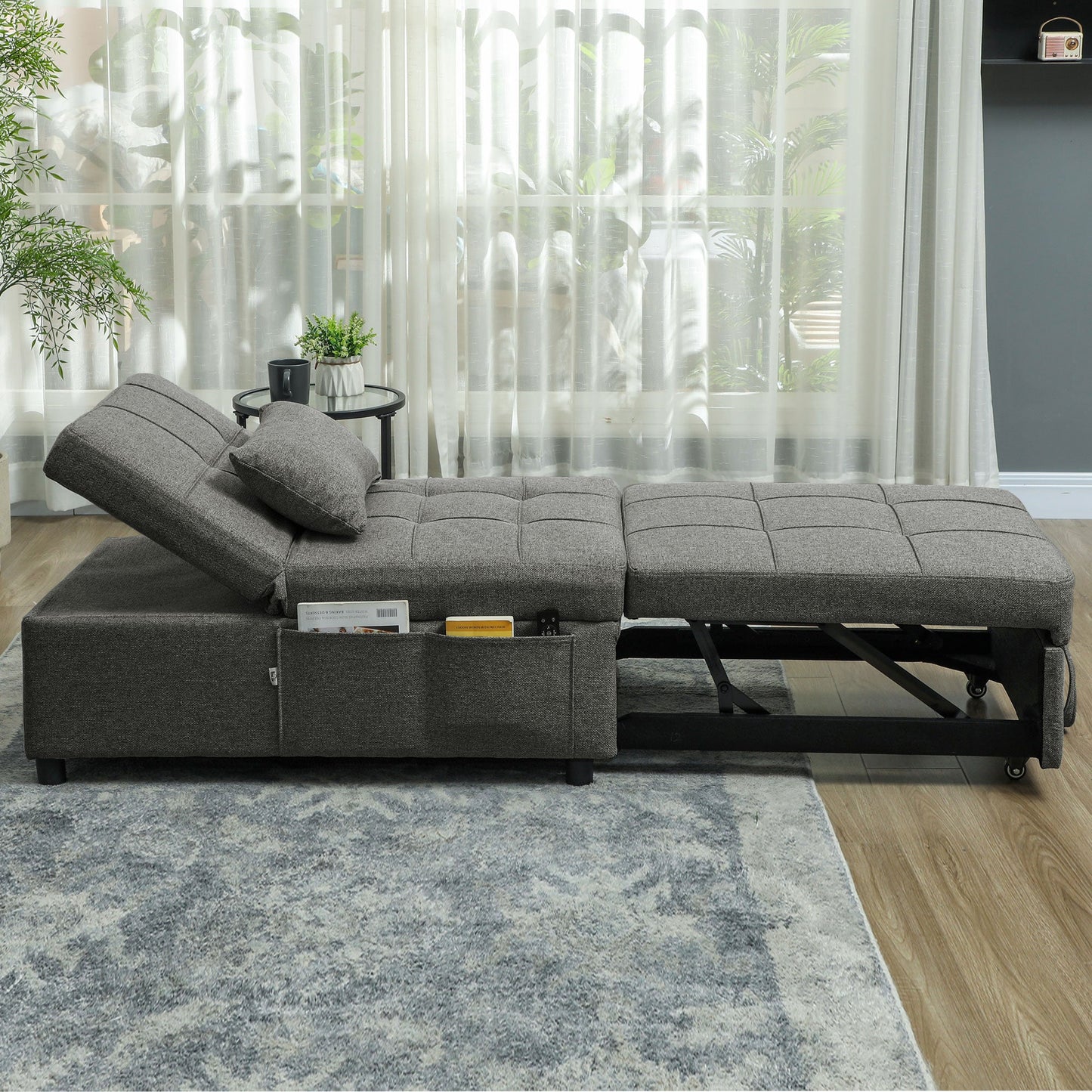 4 in 1 Sofa Bed Convertible into Chaise Longue and Footstool with Click Clack System, Grey