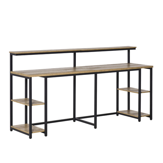 Industrial Style Double Desk with Shelves and Monitor Shelf, Space-Saving Bookshelf Desk for Office and Study in Metal and MDF, 200x53x100cm, Black Brown