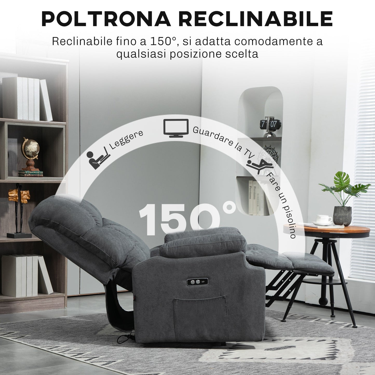 Lift Chair with Footrest, in Linen Effect Fabric, 84x96x100 cm, Dark Grey