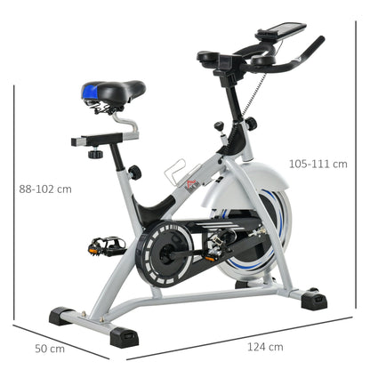Professional Indoor Exercise Bike with LCD Monitor and 15kg Flywheel, Adjustable Saddle and Handlebar, 124x50x105-111cm, Silver Black