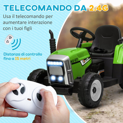 Electric Tractor for Children 3-6 Years with Removable Trailer, 12V Battery and Remote Control, Green