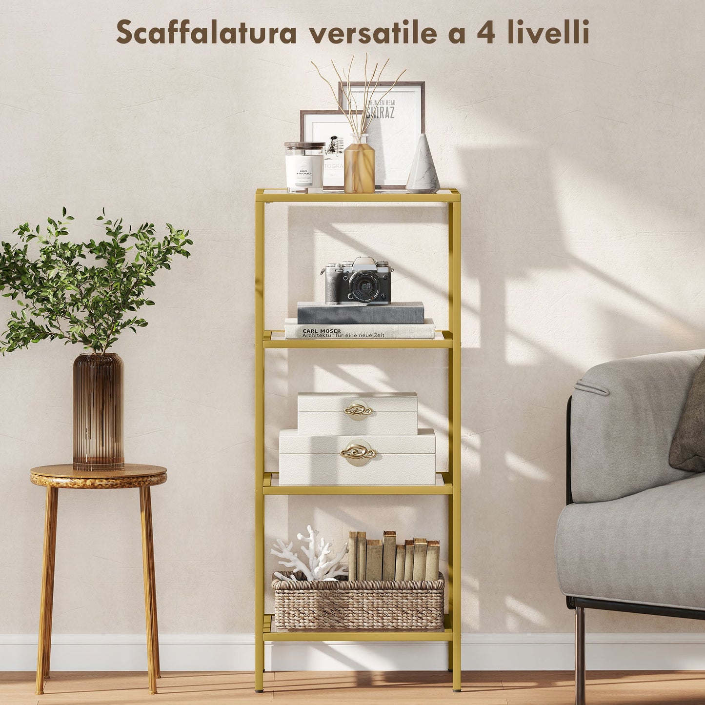 Minimalist 4-Tier Metal and Tempered Glass Shelf Unit, 40x30x96.5 cm, Gold