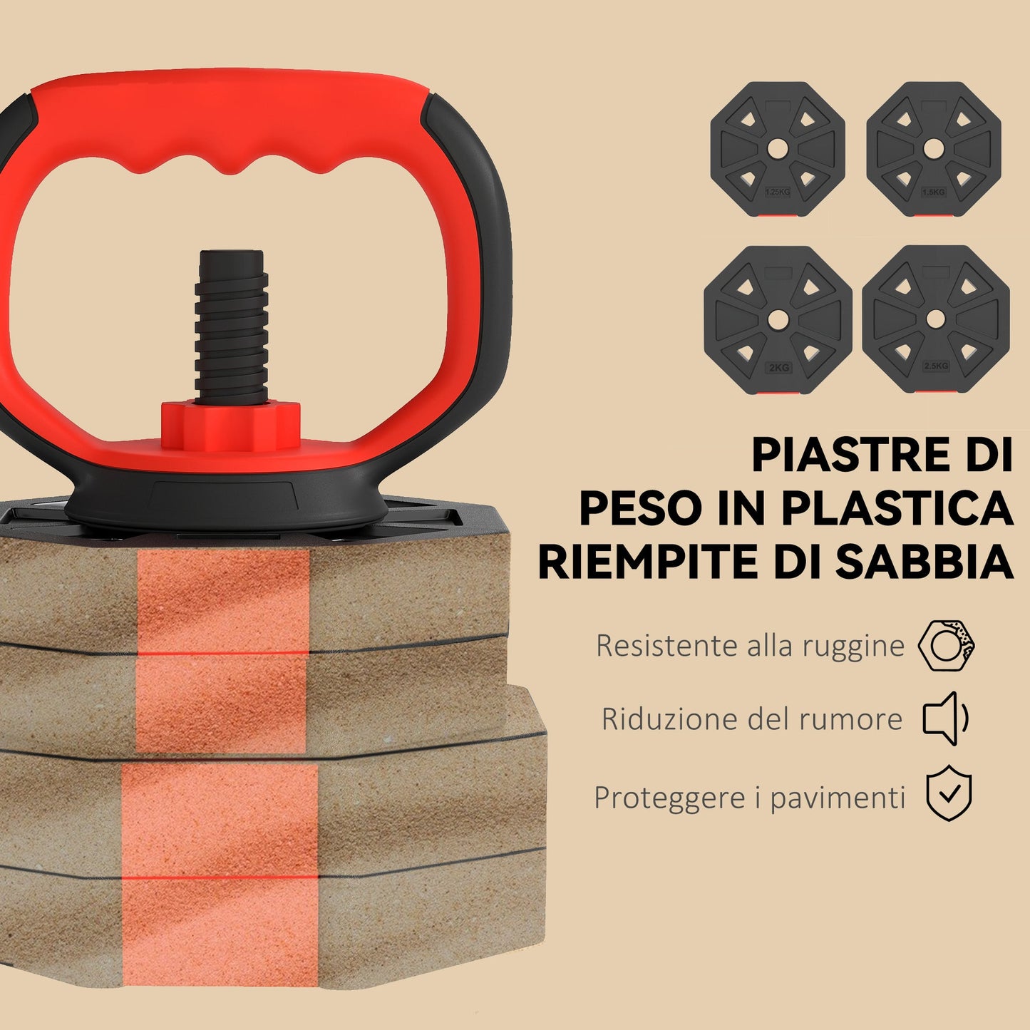 4-in-1 30kg Gym Weight Set, Convertible to Kettlebell, 2 Dumbbells, Barbell and Push-Up Stand, Red