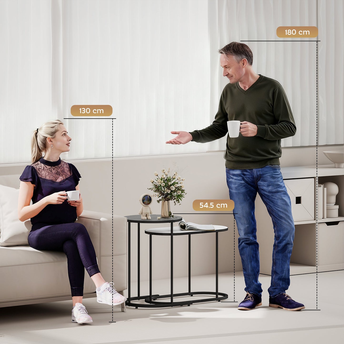 Set of 2 Stackable Coffee Tables with Metal Frame for Living Room and Office, Grey and White