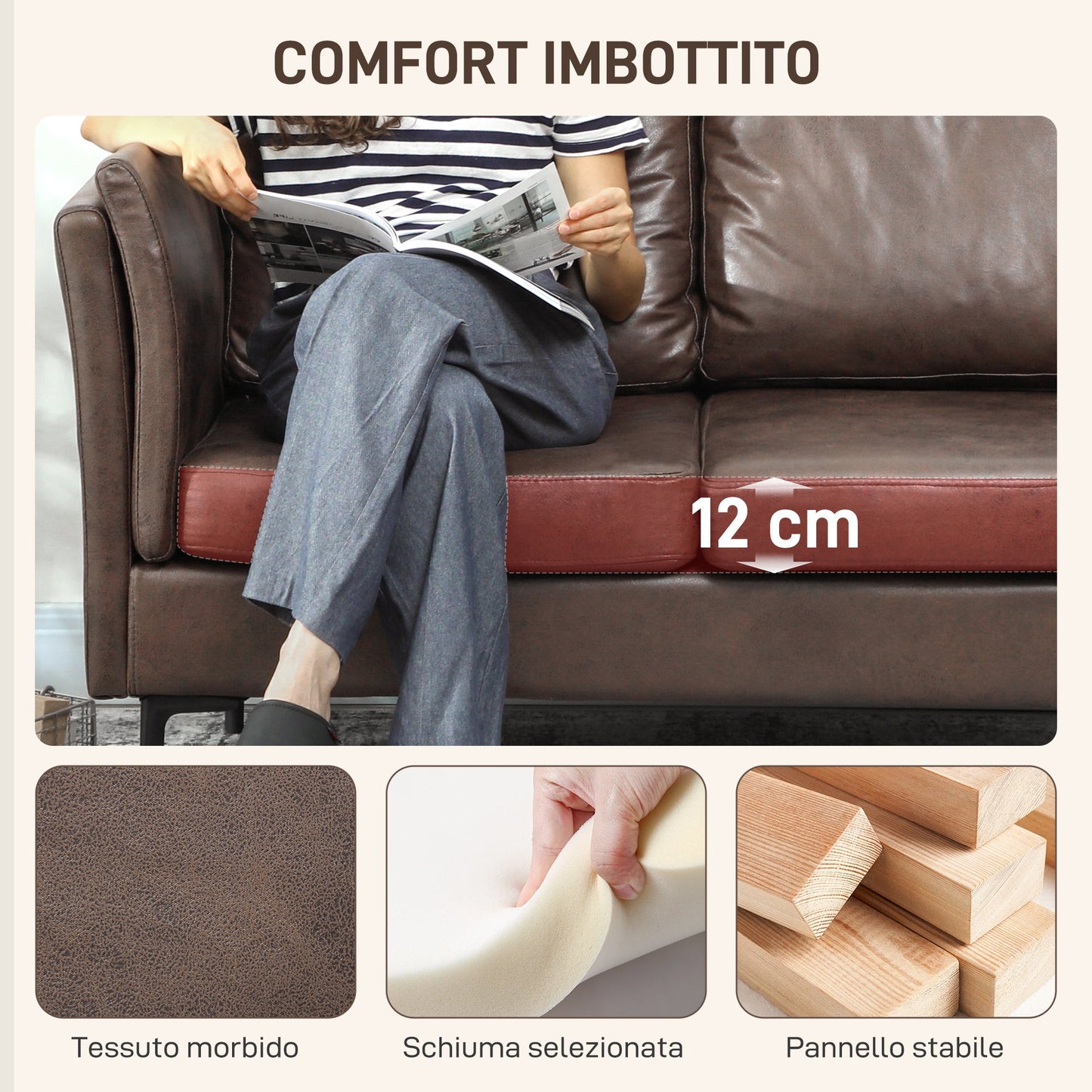 2-Seater Breathable Leather Sofa with Thick Padding and Metal Legs, 137x72x88 cm, Dark Brown