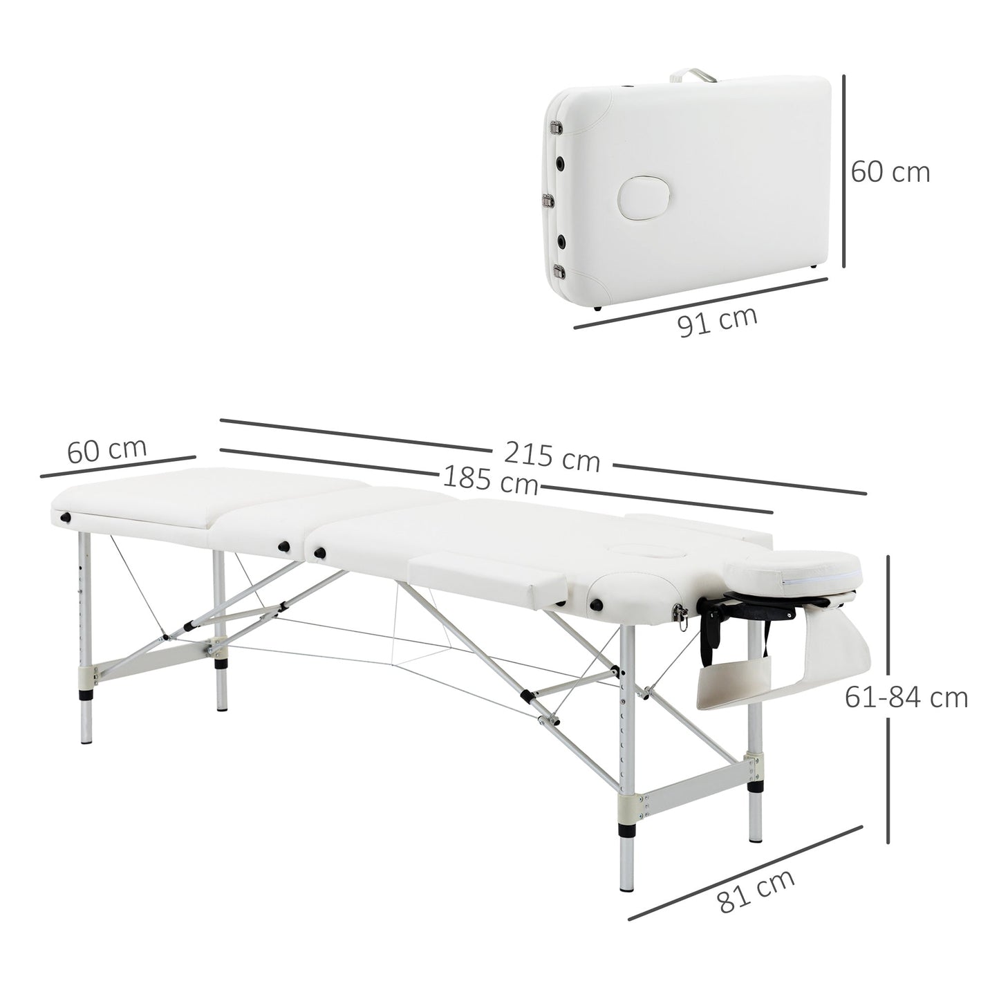 Portable Folding Professional Massage Table in White Aluminum 215x81x61-84cm