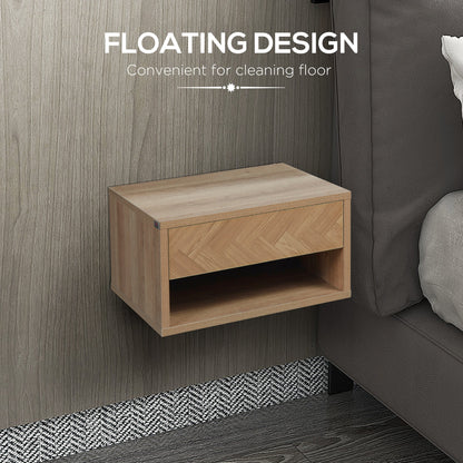 Set 2 modern bedside tables suspended with drawer and wooden shelf 37x32x21cm, natural color
