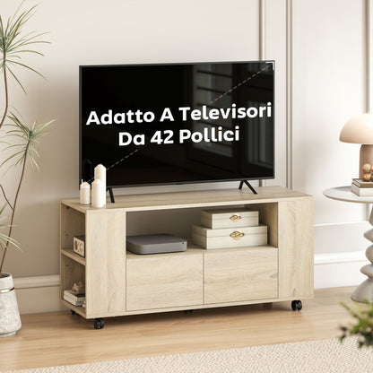 42" TV Stand with Swivel Wheels and Brake, Adjustable Shelves and Drawers, 102x34.5x48.5 cm, Wood