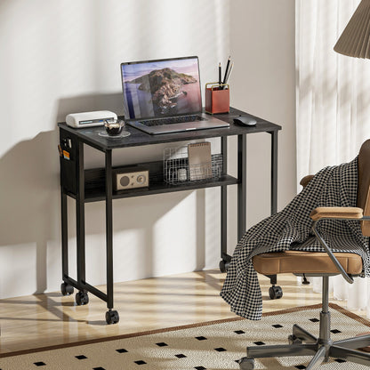 Space-Saving Folding Drop-Leaf Desk with Shelf, Storage Pocket and Wheels, Black