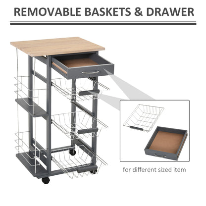 Kitchen Trolley with Pull-Out Drawers and 2 Bottle Holders, in Pine Wood and Metal, 47x37x83 cm