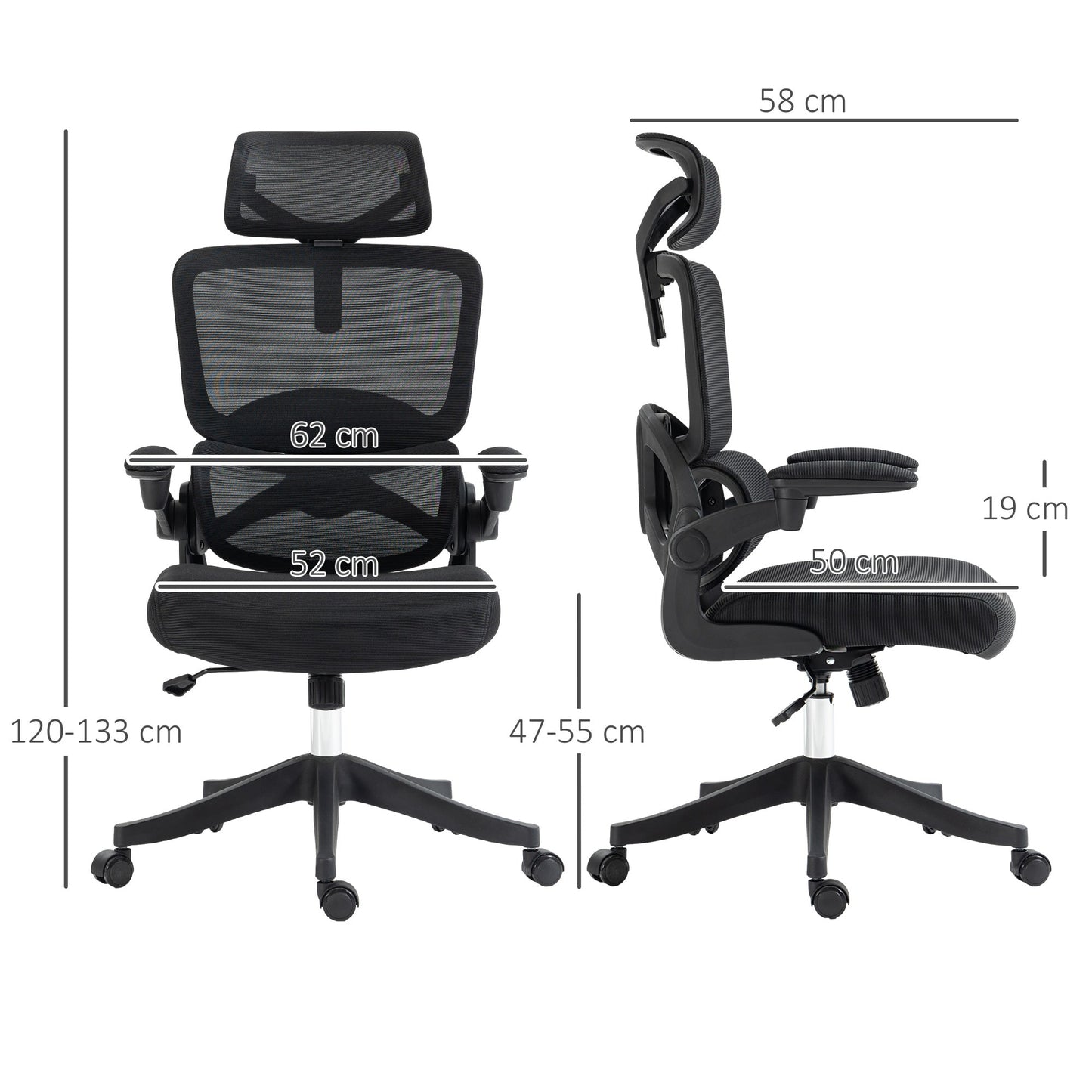 Height Adjustable Office Chair with Tilt and Lumbar Support, 62x58x120-133 cm, Black