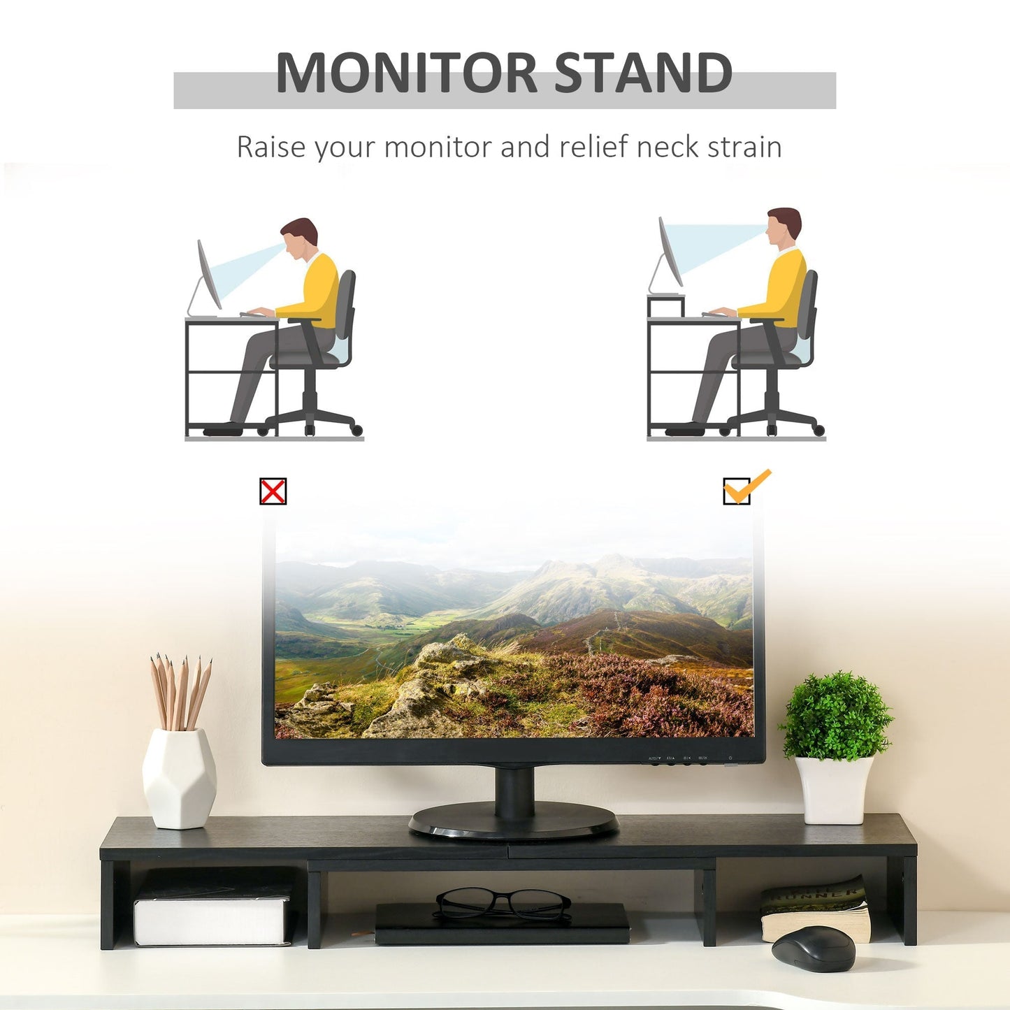 MDF monitor support with length and angle adjustable laptop, PC, printers and TV, 80-117x23.5x10cm, black