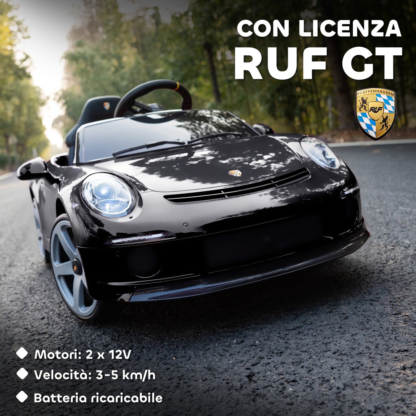 Officially Licensed RUF GT Ride-On Toy Car for Kids Ages 3-5, Remote Control, Seat Belt and Music, Black