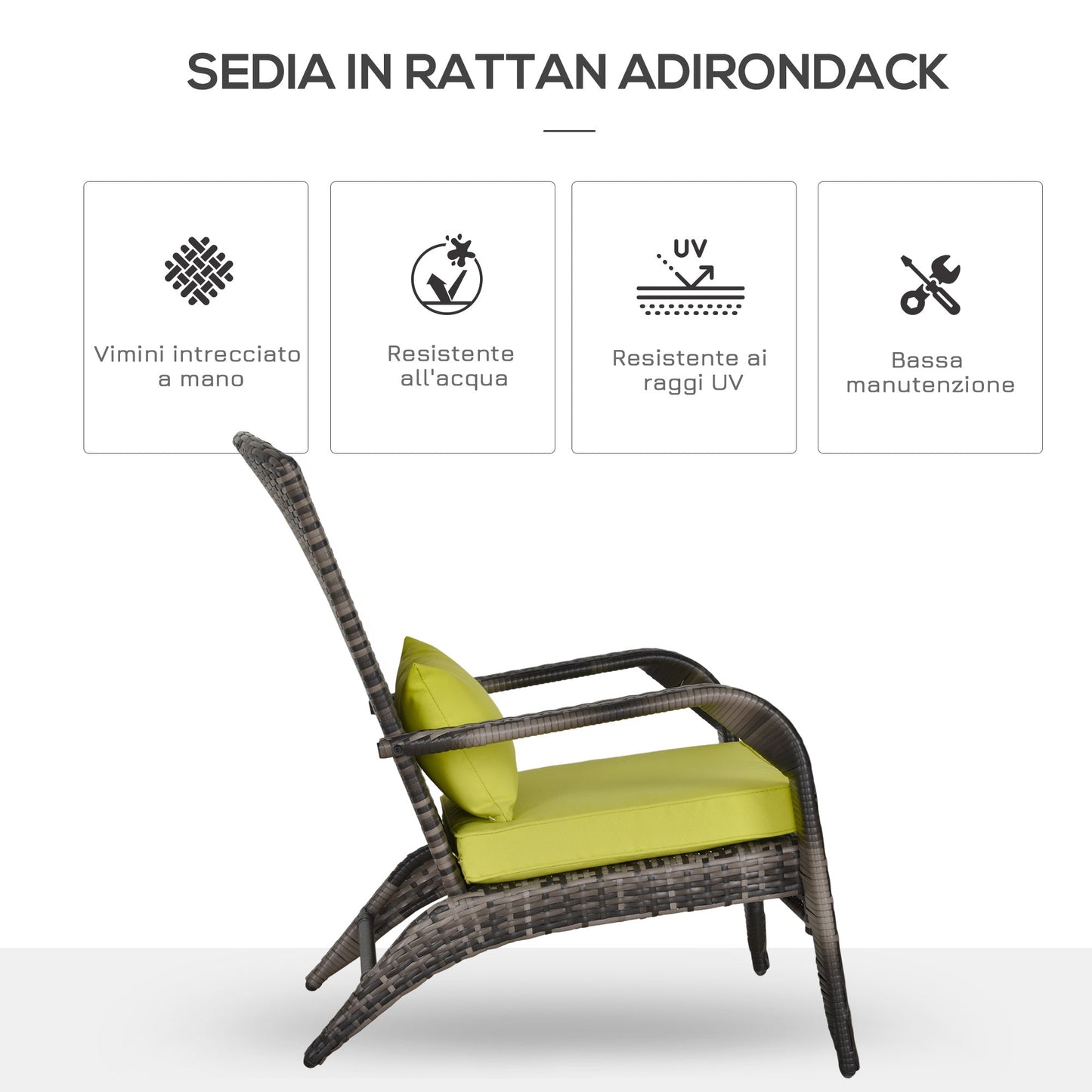 Adironrack Garden Chair with Armrests and Cushions, Rattan and Steel Chair for Indoor and Outdoor Use, 64x80x90 cm, Green