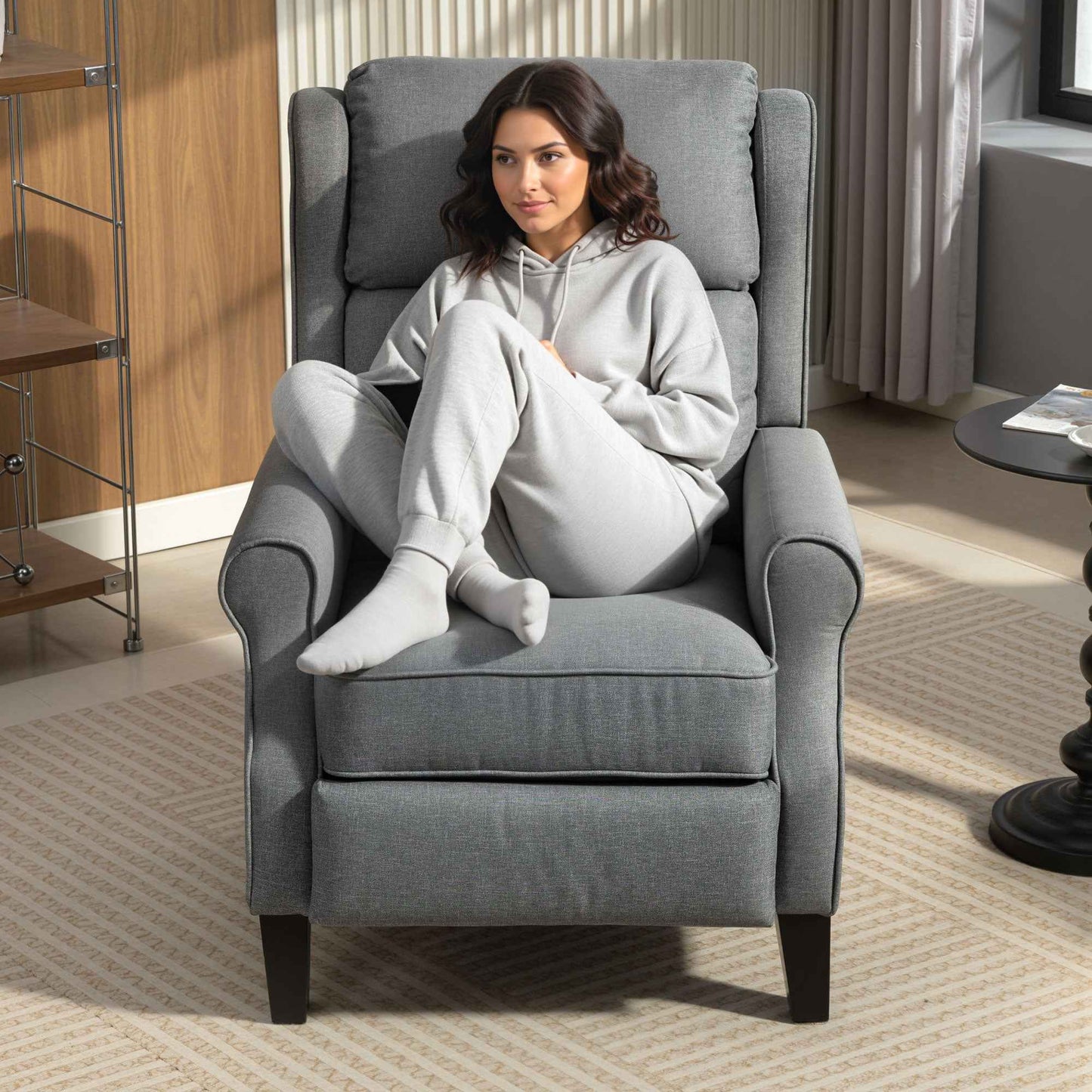 132° Max Reclining Chair in Linen Effect Fabric with Footrest, 74x84x102 cm, Grey