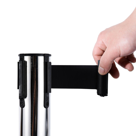 Silver Retractable Bollards | with black ribbon of 2m in Stainless Steel and Nylon | ф32x90cm