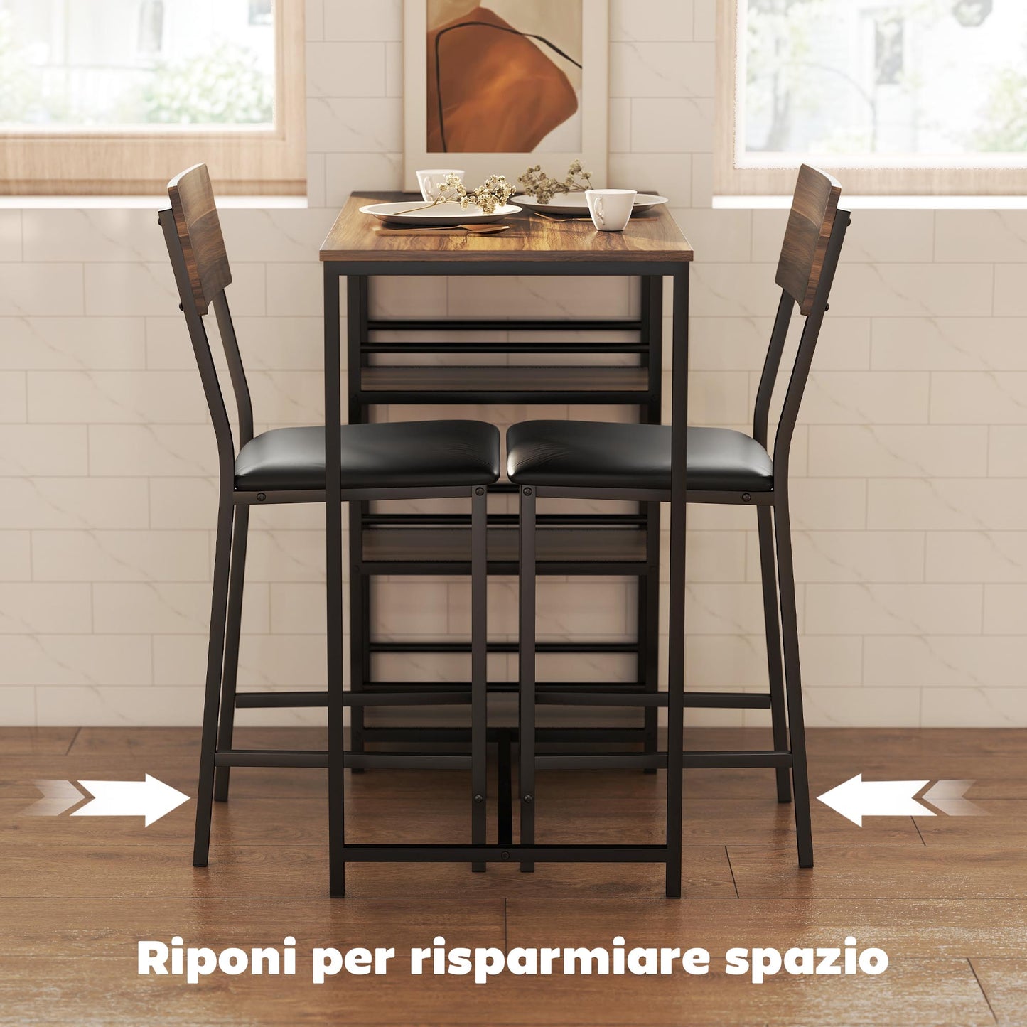 3-Tier Bar Table and 2 Stools with Footrest and Backrest, Wood and Steel, Black and Walnut