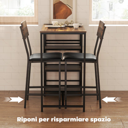 3-Tier Bar Table and 2 Stools with Footrest and Backrest, Wood and Steel, Black and Walnut