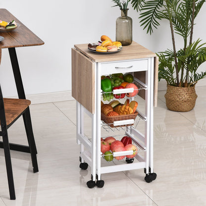 Kitchen Trolley with 3 Baskets, Drawer and Flaps, 6 Swivel Wheels, in MDF and Metal, 37x37x77.5cm, White and Wood