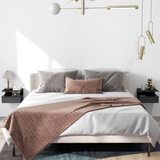 Set of 2 Modern Floating Bedside Tables with Drawer and Wooden Shelf 35x32x22.5cm, Glossy Black