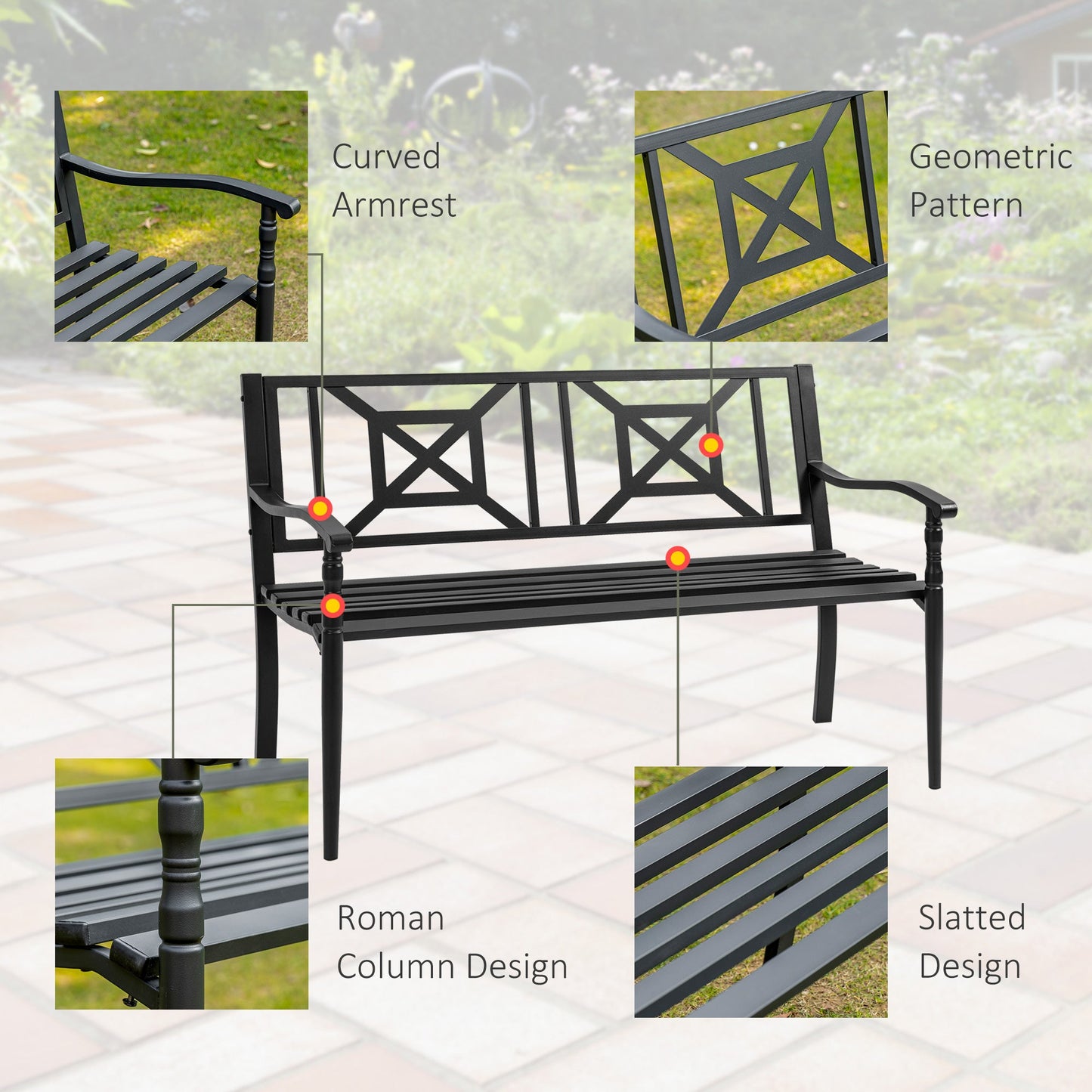 2-Seater Steel Garden Bench with High Back and Armrests, 128x62.5x81.5 cm, Black