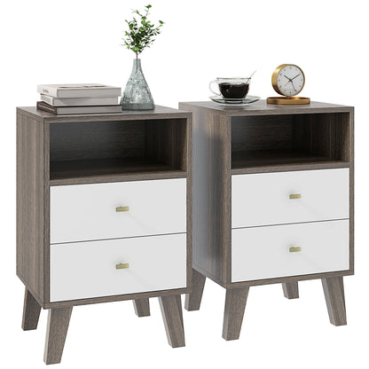 Set of 2 Modern Bedroom Nightstands with 2 Drawers and Open Compartment, 40x34x64cm, Grey
