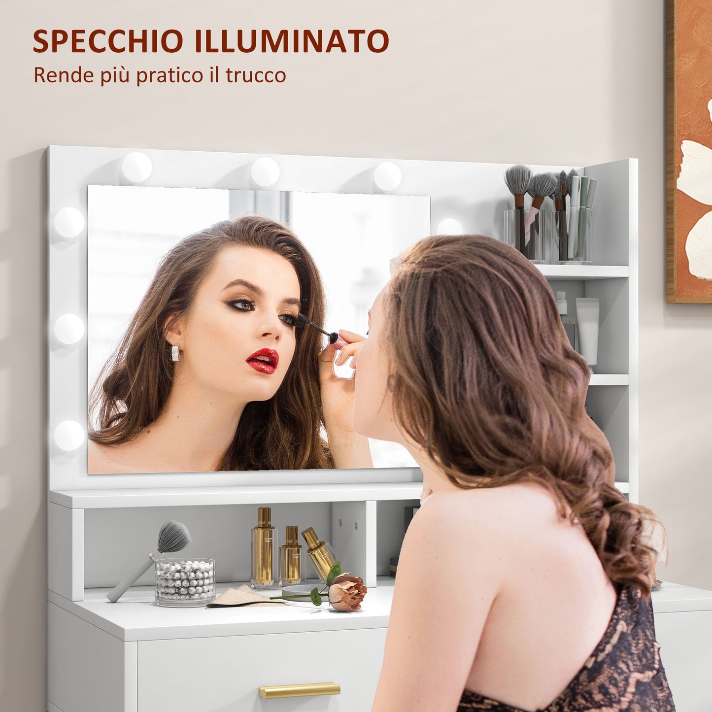 Vanity Makeup Table with Mirror, 2 Drawers, 5 Shelves and Stool, in MDF and Chipboard, 80x40x138 cm, White