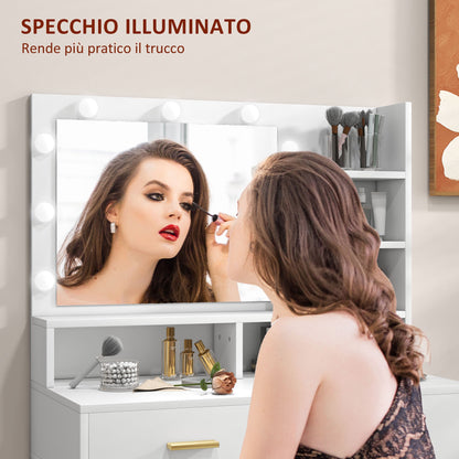 Vanity Makeup Table with Mirror, 2 Drawers, 5 Shelves and Stool, in MDF and Chipboard, 80x40x138 cm, White