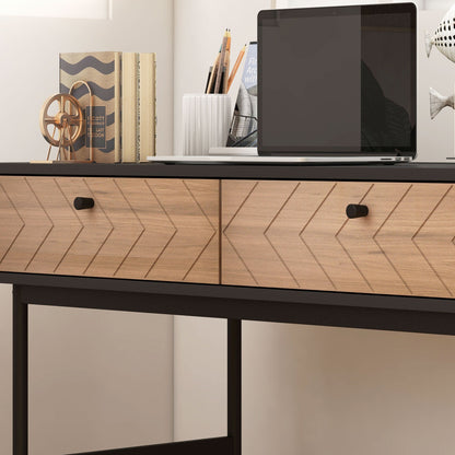 Modern Office Desk with 2 Drawers, Steel and MDF, 106x50x77 cm, Black and Oak