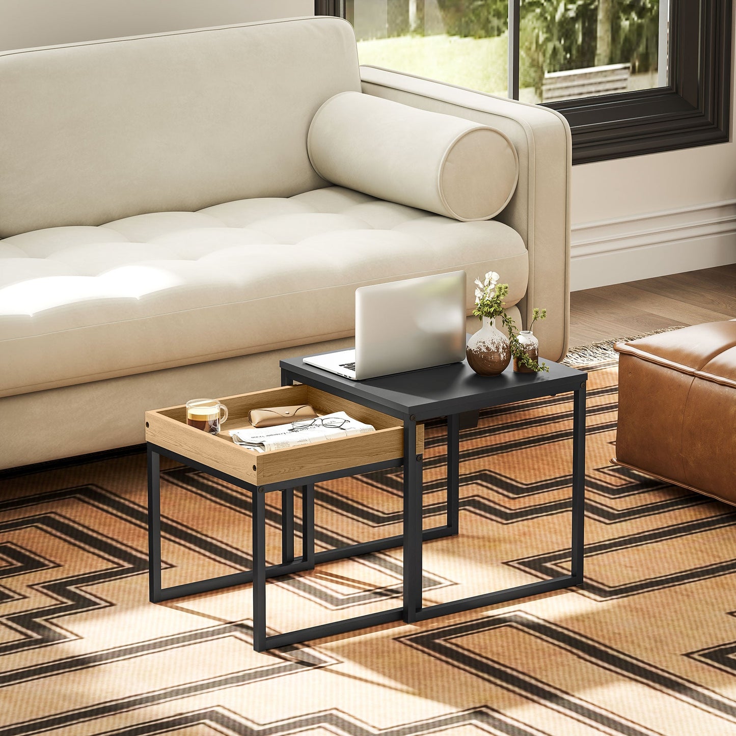 Set of 2 Modern Coffee Tables with U-Shaped Legs, Wood and Steel, 45x45x45 cm and 40x40x40 cm, Black