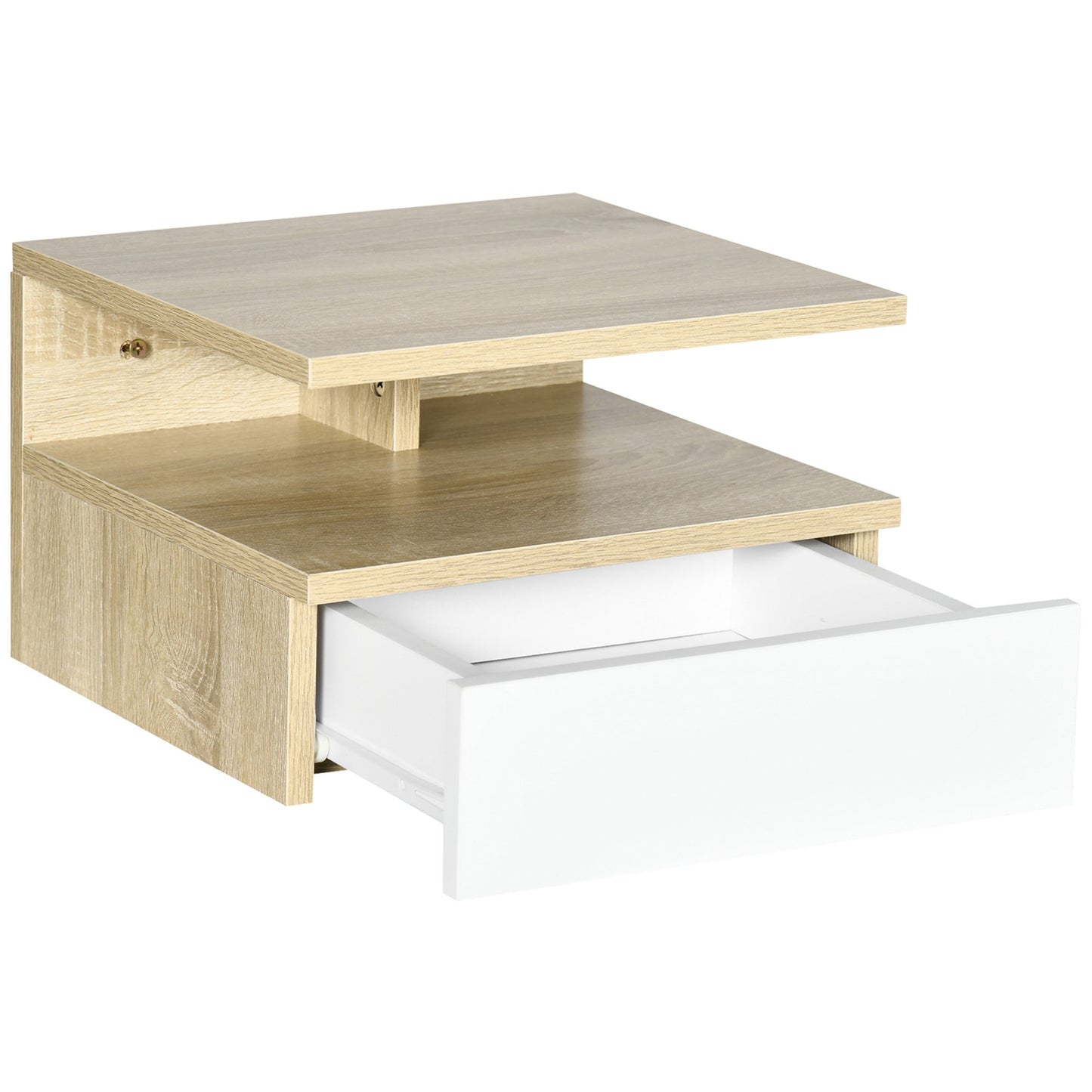 Set of 2 Floating Bedside Tables with Drawer and Top Shelf, Wooden, 35x32x22.5 cm, White and Oak