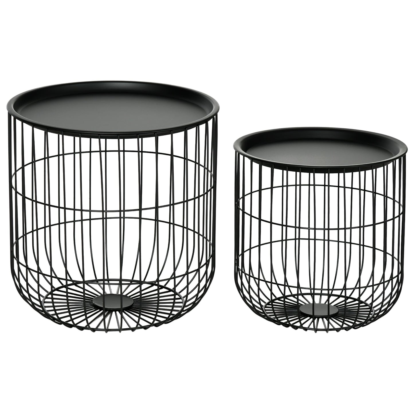Set of 2 Round Stackable Steel Coffee Tables with Storage Compartment, Black
