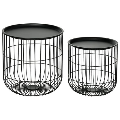 Set of 2 Round Stackable Steel Coffee Tables with Storage Compartment, Black