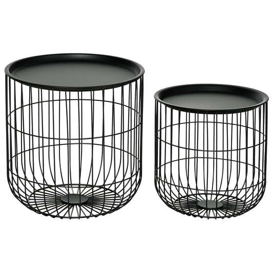Set of 2 Round Stackable Steel Coffee Tables with Storage Compartment, Black