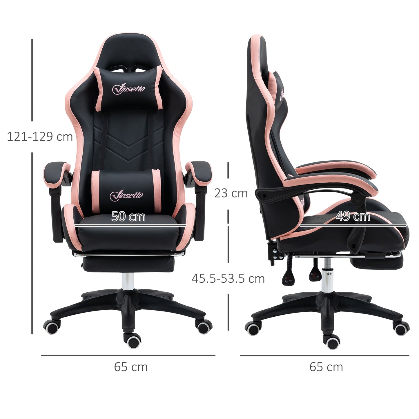 Height Adjustable Gaming Chair with Headrest, 65x65x121-129 cm, Pink and Black
