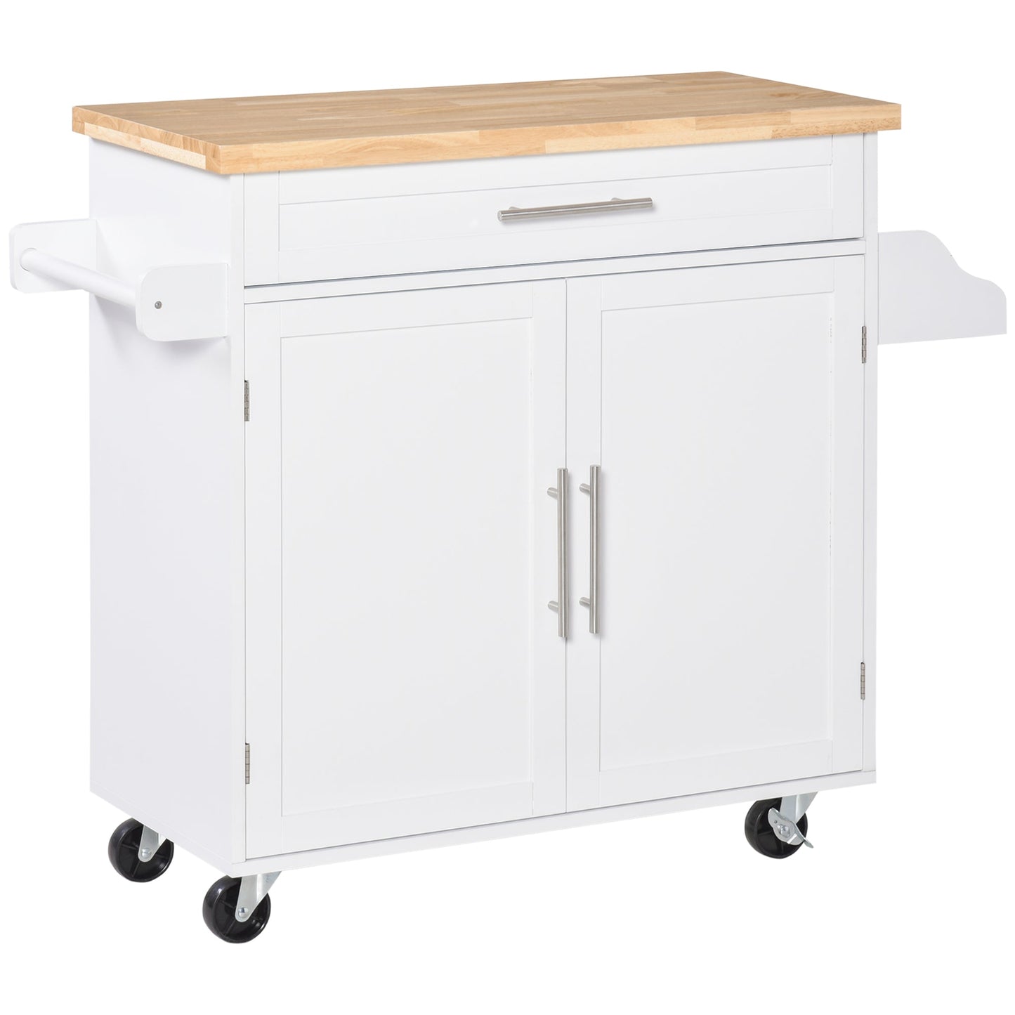 Kitchen Trolley with Drawer, Spice Rack, Cabinet and 4 Wheels, 109x40x89cm, White