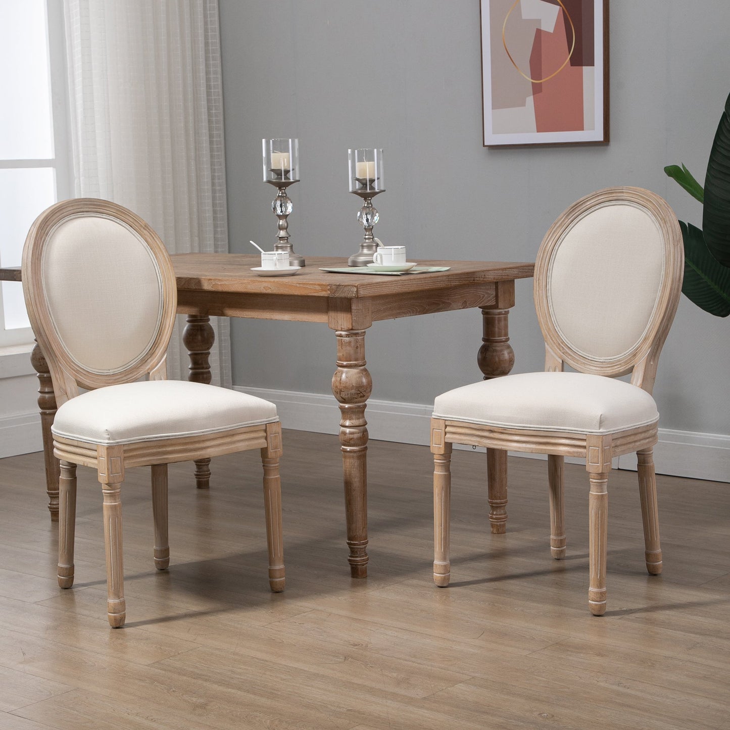 Set of 2 Padded Dining Chairs, Vintage Retro Style Living Room Chairs in Wood and Linen Effect Fabric Cream White 49x56x96cm
