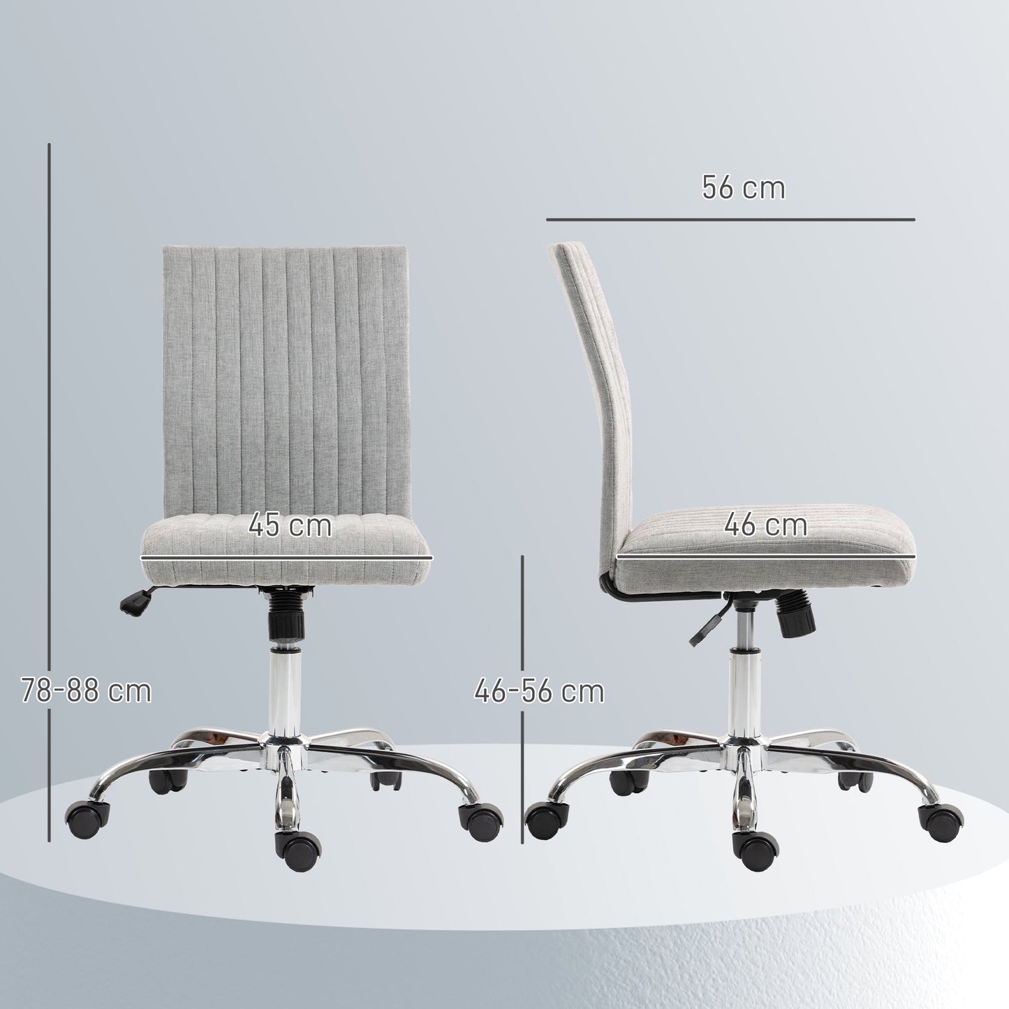 Armless Office Chair with Adjustable Height and Swivel Seat, Fabric Upholstery, Grey