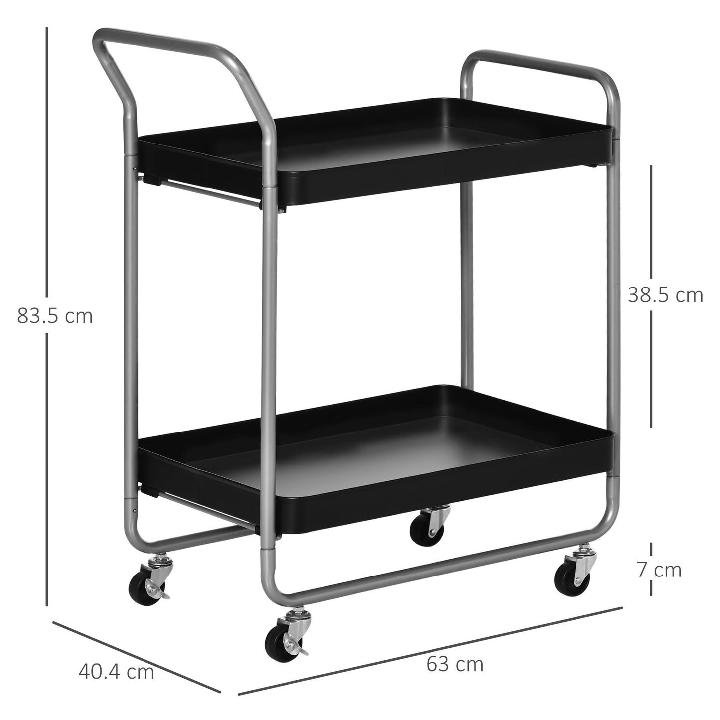 Trolley 2 levels with swivel handles and wheels, in metal, 63x40.4x83.5 cm