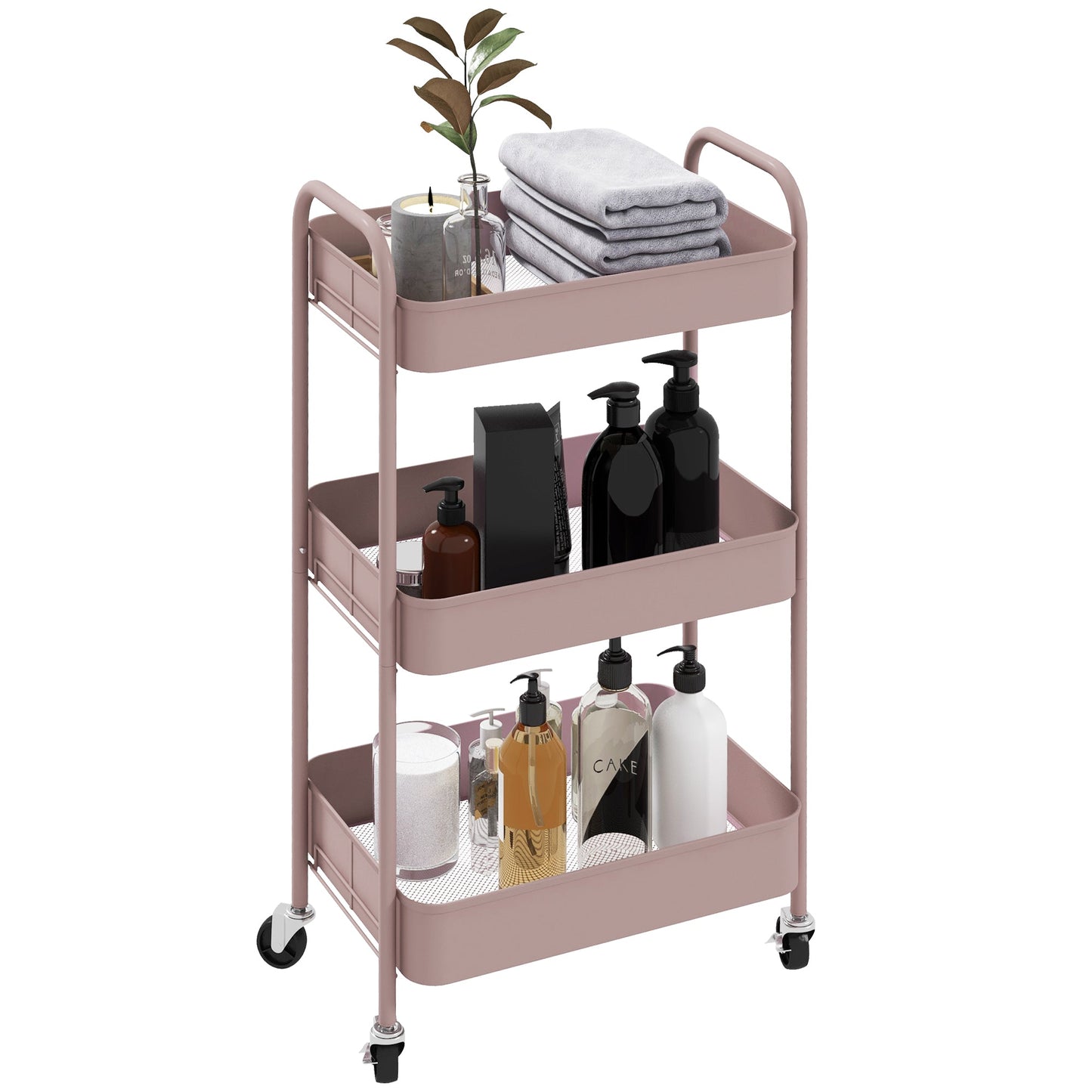 3-Tier Beauty Cart with Handles and 4 Wheels, Steel, 45x30.6x79 cm, Pink