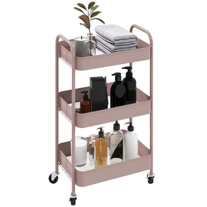 3‑Tier Pink Steel Beauty Trolley with Wheels
