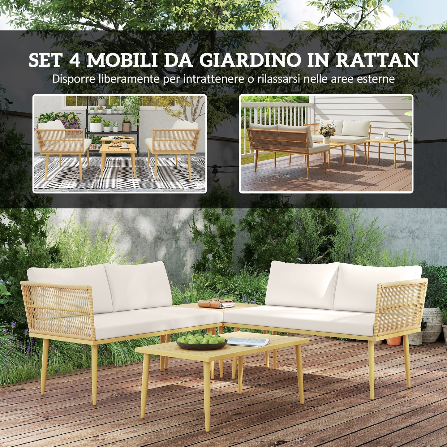 PE Rattan Outdoor Lounge Set with 2 2-Seater Sofas with Cushions and 2 Coffee Tables, Wood Color