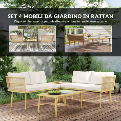 PE Rattan Outdoor Lounge Set with 2 2-Seater Sofas with Cushions and 2 Coffee Tables, Wood Color