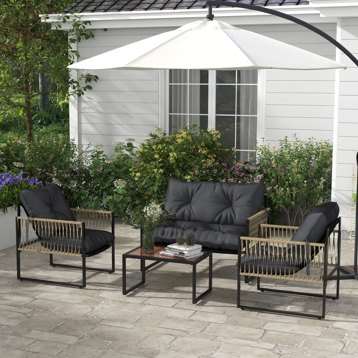 CAMILLA | 4 Piece Rattan Garden Set with Sofa, 2 Chairs and Coffee Table, Grey and Brown