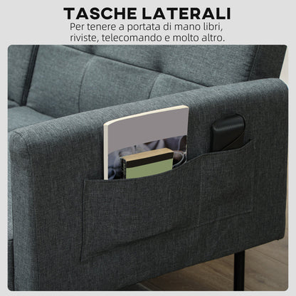Clic Clac Sofa Bed with Adjustable Backrest in Linen Effect, Wood and Steel Fabric, 200x77x72 cm, Grey