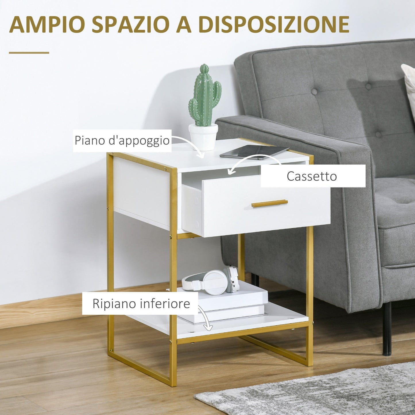 Set of 2 Modern Bedside Tables with Drawer and Open Shelf in MDF and Steel, 45x40x60cm, White and Gold