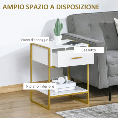 Set of 2 Modern Bedside Tables with Drawer and Open Shelf in MDF and Steel, 45x40x60cm, White and Gold
