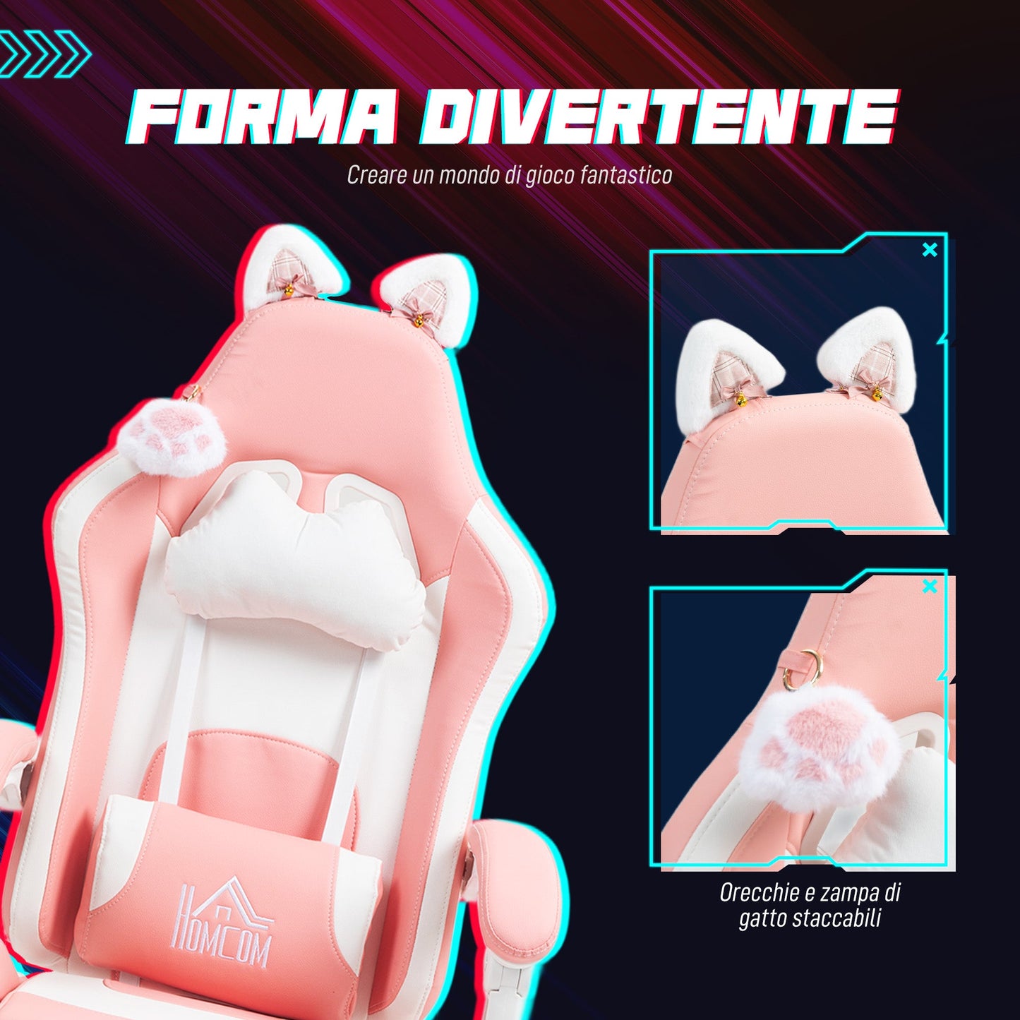 Ergonomic Cat Ear Gaming Chair with Footrest, Lumbar and Neck Support, Pink
