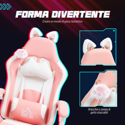 Ergonomic Cat Ear Gaming Chair with Footrest, Lumbar and Neck Support, Pink
