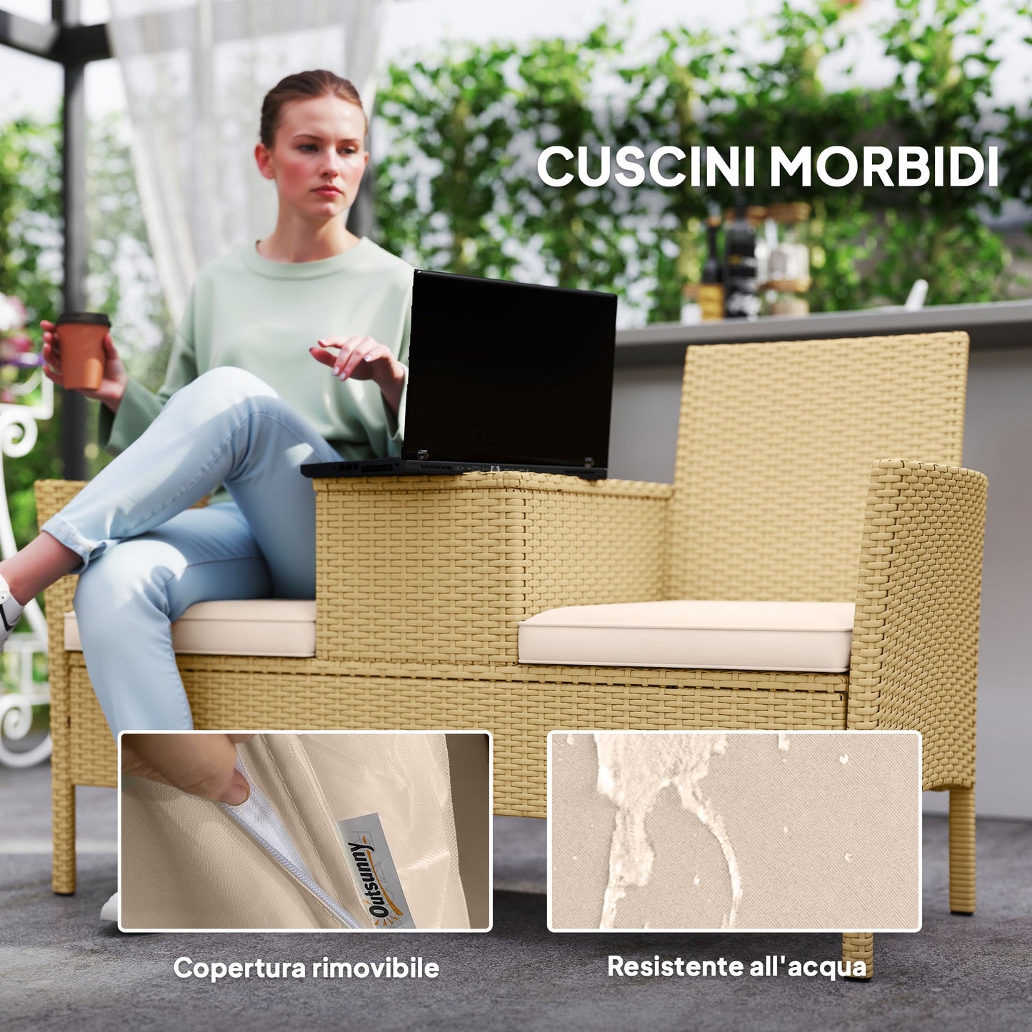 Garden Bench with Drop-Leaf Table Storage, in Rattan and Steel, 134x58x82 cm, Cream and Khaki